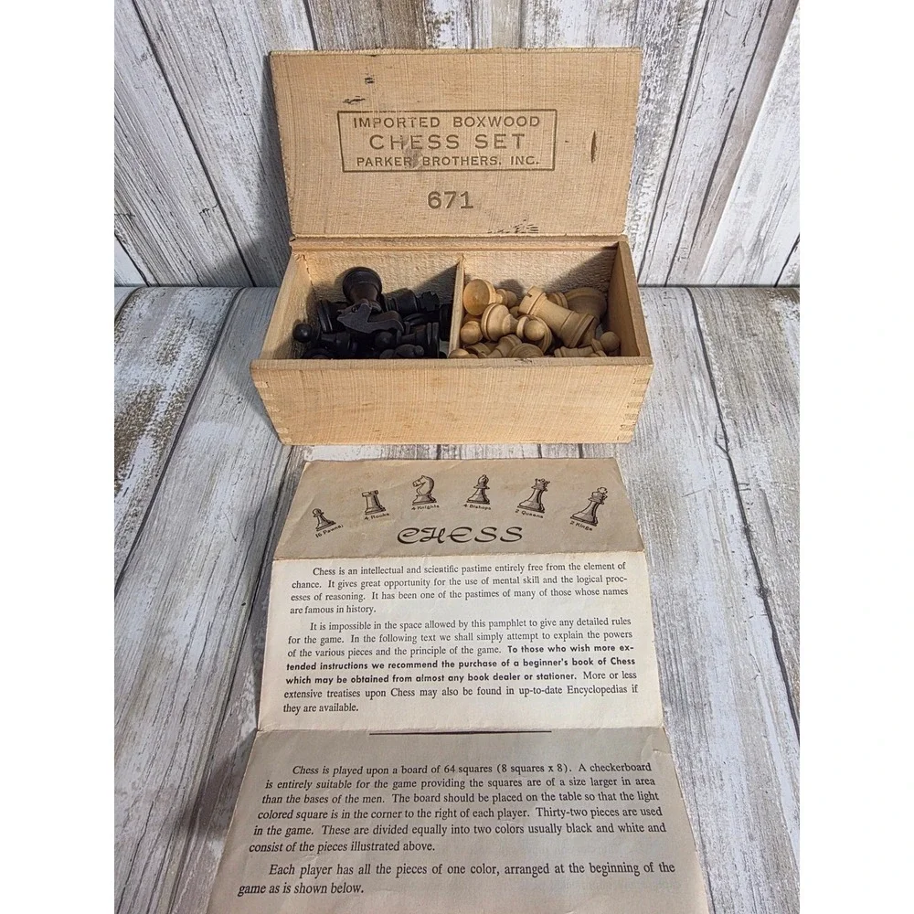 Vintage Parker Brothers Imported Boxwood Chess Set 671 Wood Box Instructions - Picture 5 of 7
